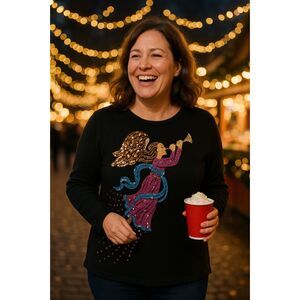 Quacker Factory Sweater M Black Sequin Angel Trumpet Cozycore Christmas Top